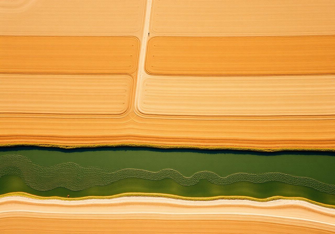 Aerial landscape evoking the meeting of agriculture, water, and policy